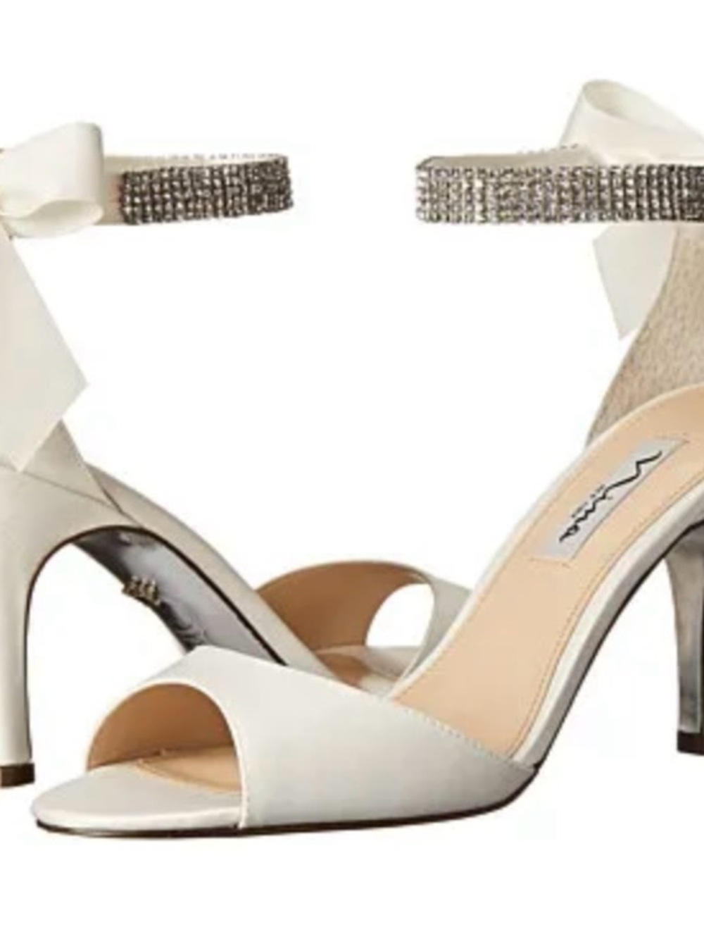 Size 7 Nina Ivory luster Satin Open-Toe Heels Crystal Ankle Strap Vinnie NIB
